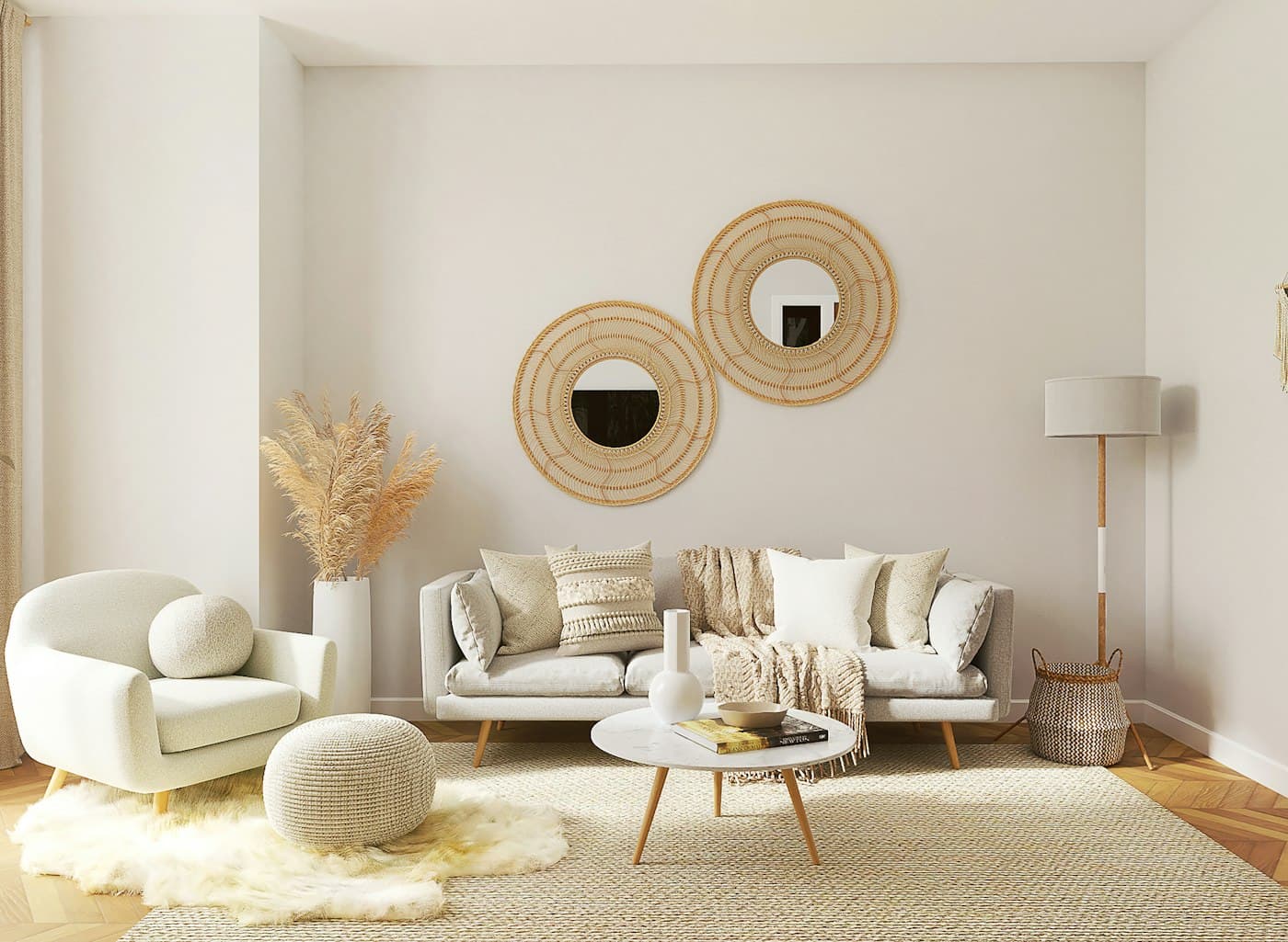 A bright, neutral living room concept staged for a client presentation