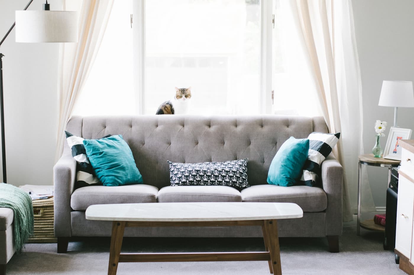 A lived-in family living room with a grey sofa in warm daylight