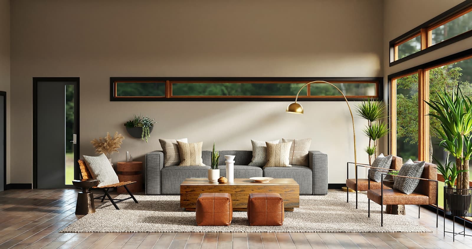 A warm modern living room render with tappable hotspots on the sofa, floor lamp, and pouf