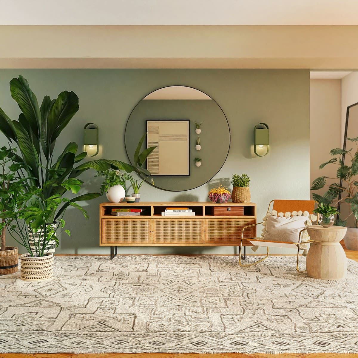 Layered textiles, collected objects, and plants everywhere — a room that tells stories.